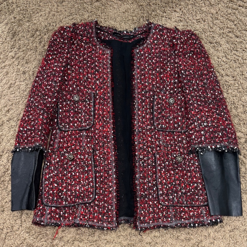 Zara Red Tweed Blazer with Black Trim and Faux-Leather Sleeves